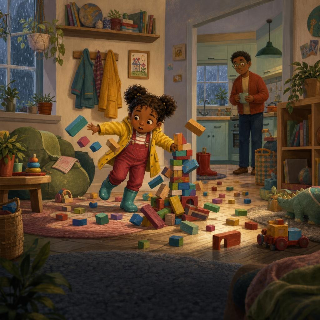 Tavi stands still as colorful blocks tumble across the playroom.