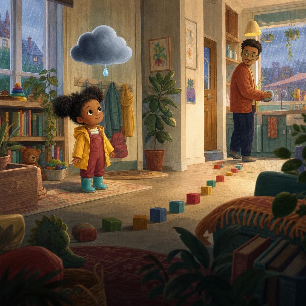 A small gray cloud drops one raindrop onto Tavi’s curls.