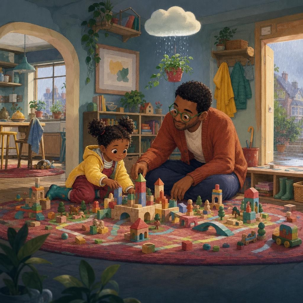 Tavi and Papa build a wide block town together beneath the small cloud.