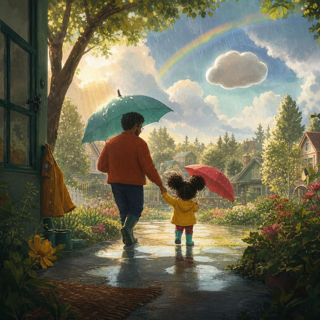 Tavi and Papa step outside beneath rain, sunshine, and a rainbow.