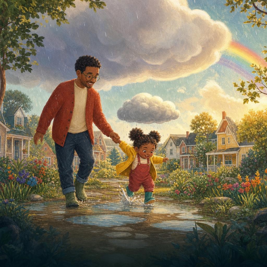 Tavi splashes with Papa beneath a sky holding rain, sunlight, cloud, and rainbow.