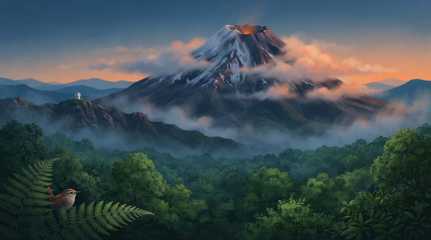A quiet cloud-covered volcano rises above a forest at dawn, with a tiny observatory far away.