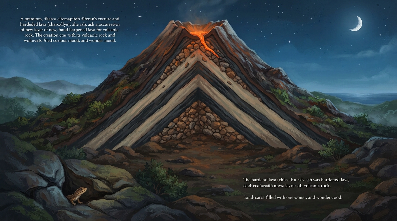 A cutaway volcano shows many dark lava layers and pale ash layers stacked inside it.