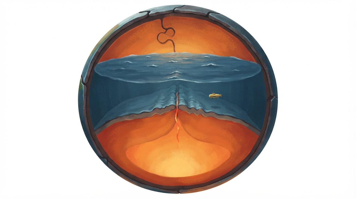 A cutaway of Earth shows cracked crust plates moving slowly over hotter material.