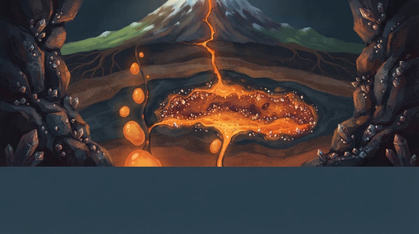 Glowing magma rises through dark rock toward a crystal-filled storage zone under a volcano.
