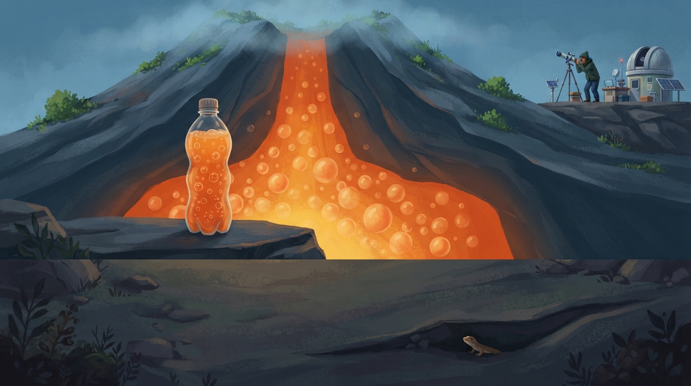 A shaken fizzy drink bottle is compared with bubbly melted rock beneath a volcano.