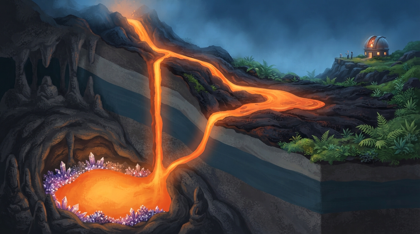 A volcano cutaway shows melted rock traveling from underground through a crack to the surface.