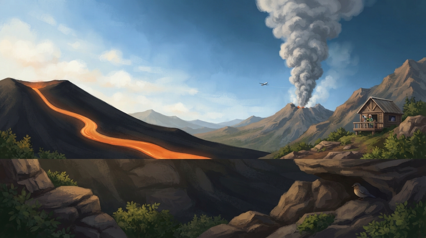 Runny lava flows down one volcano slope while ash rises from another vent in the distance.
