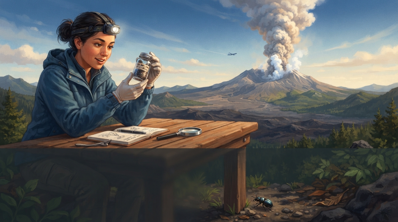 A scientist safely examines volcanic ash in a sealed jar while a tall ash cloud rises far away.