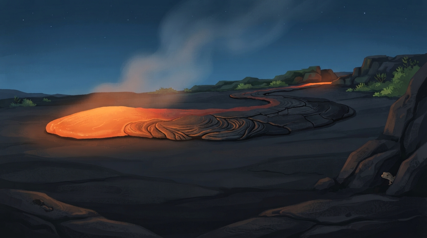 A lava flow glows orange at one end and becomes cracked black rock behind it.