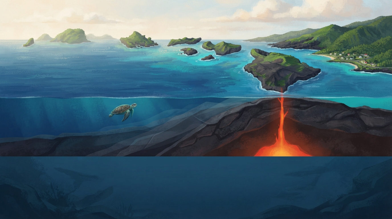 A chain of Hawaiian islands sits above a glowing hot spot beneath the ocean.