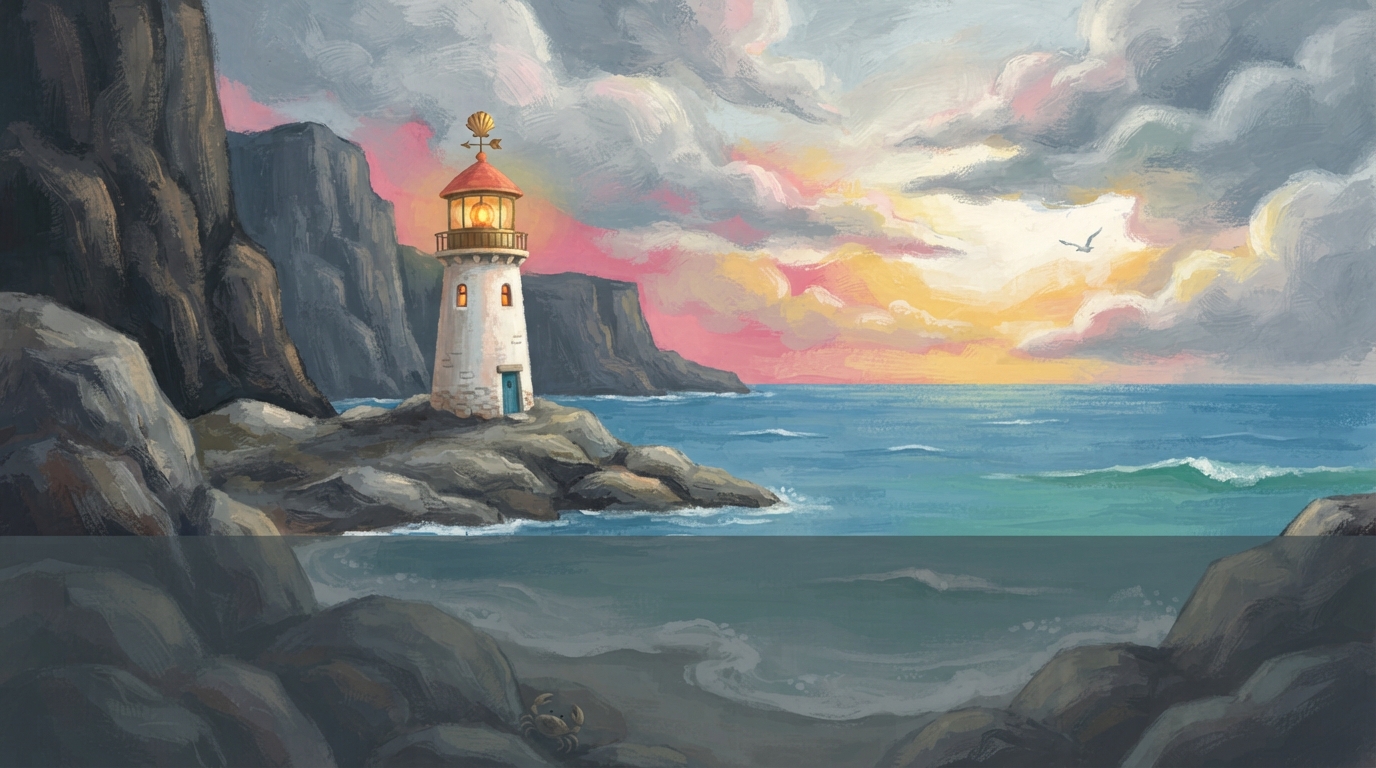 Pearl the lighthouse stands on grey rocks beside a huge blue sea under big clouds.