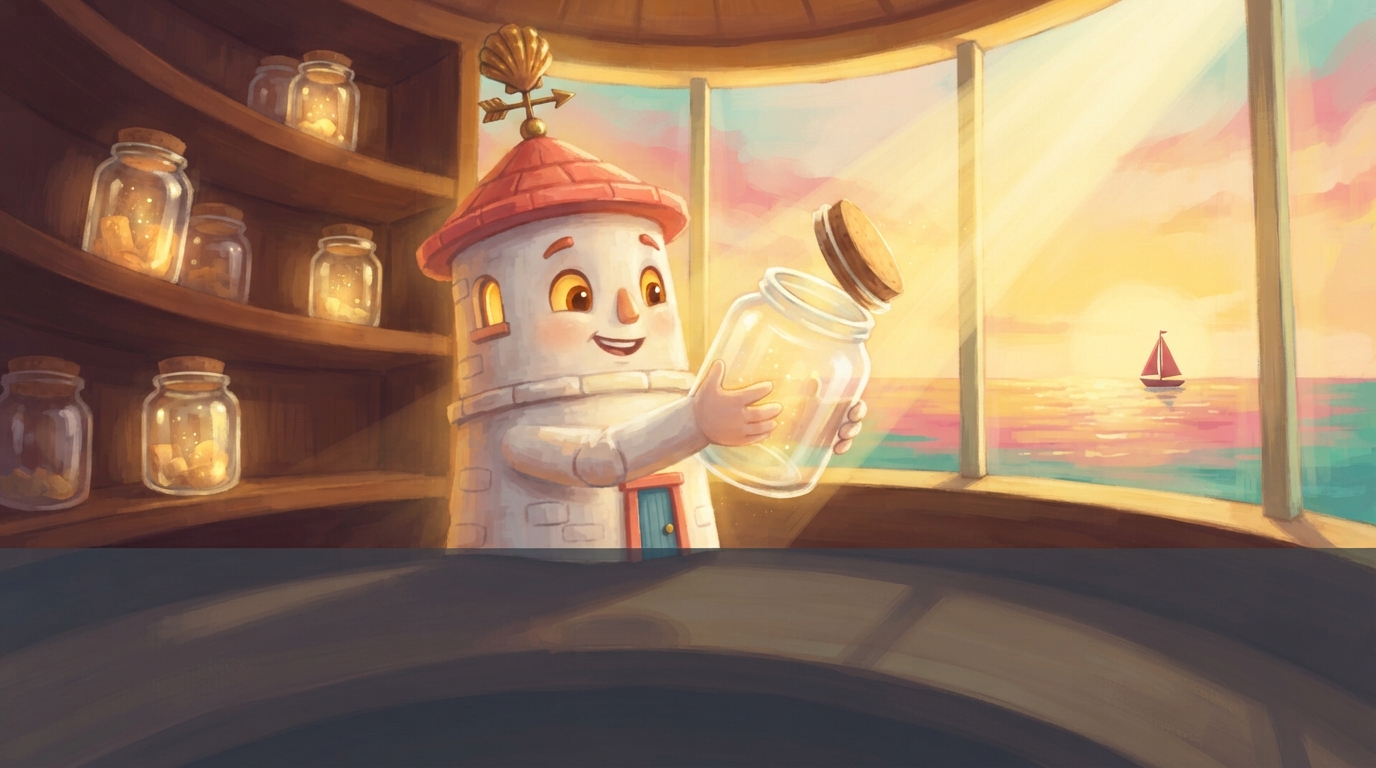 A ribbon of golden sunset light slips into a glass jar in Pearl’s lantern room.