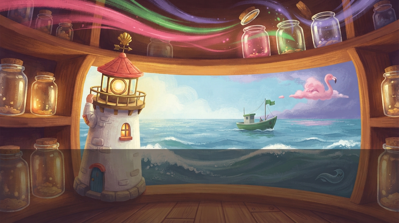Pink, green, and violet lights fly into jars while a green fishing boat bobs below Pearl.