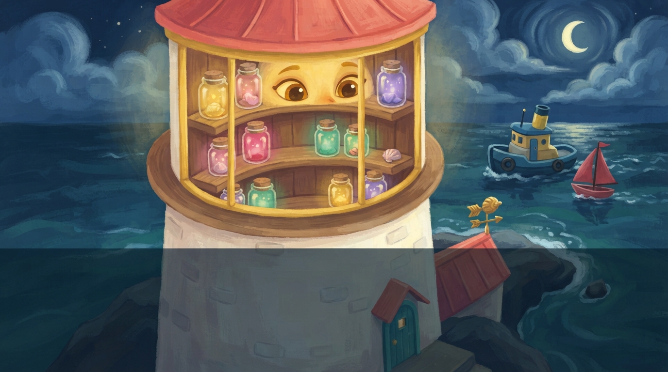 At night, Pearl looks happily at glowing jars inside her lantern room while little boats bob outside.