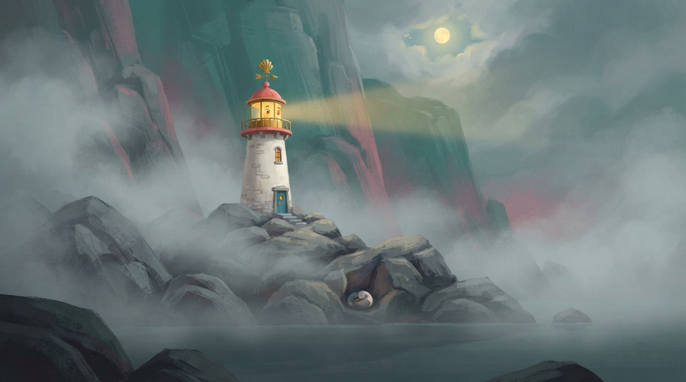 Grey fog wraps around Pearl as her golden light fades over the rocks.