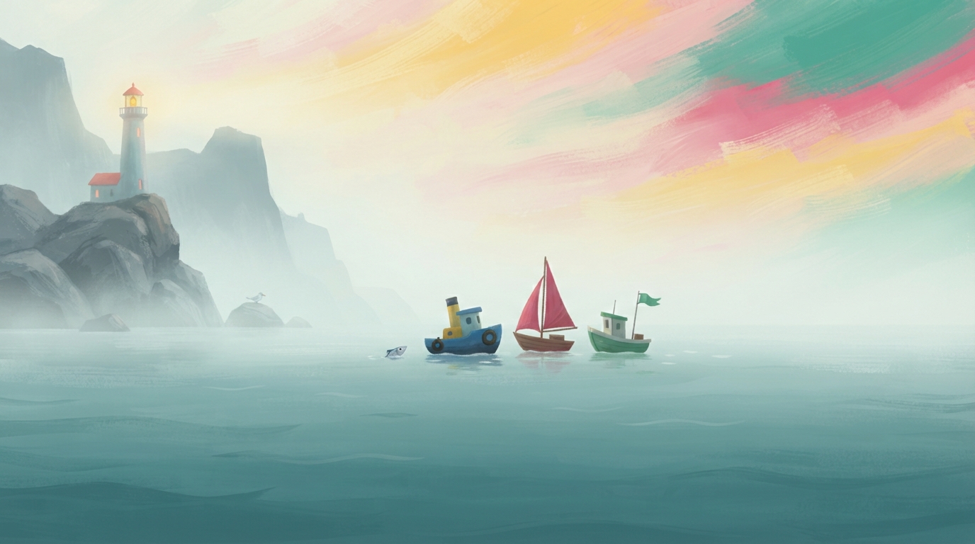 The blue tug, red-sailed boat, and green fishing boat drift together in thick fog.