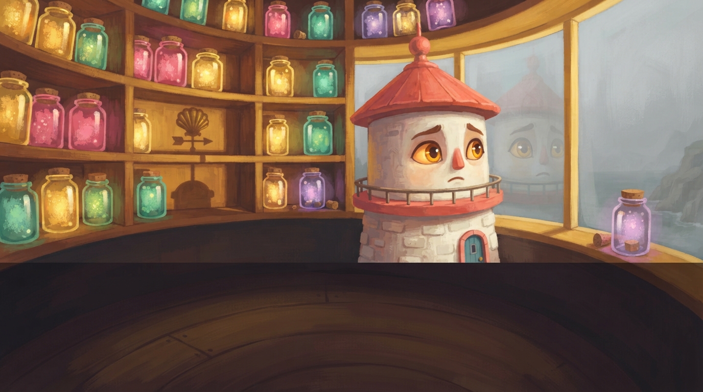 Pearl looks at her glowing jars inside her top room while grey fog fills the windows.