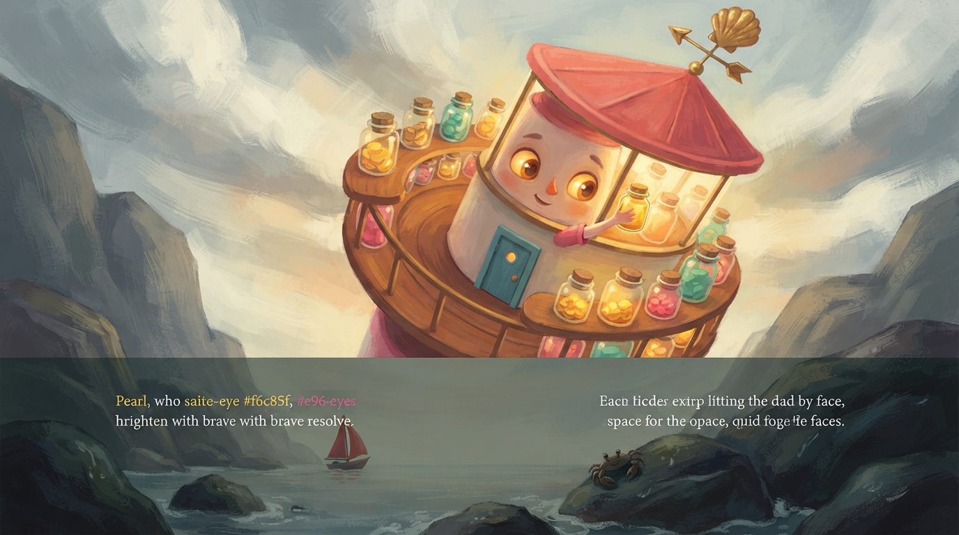 Pearl reaches for her golden jar while a tiny red-sailed boat passes below in the fog.