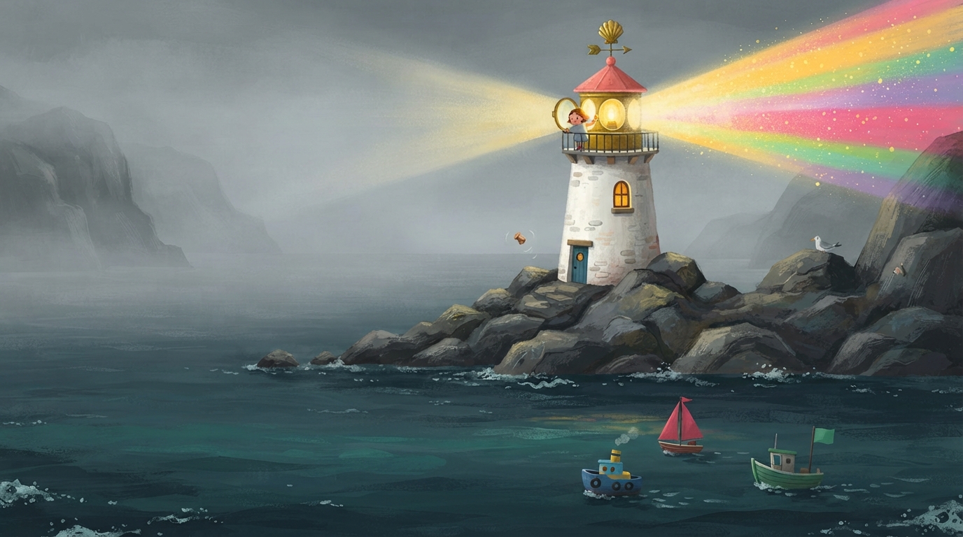 Pearl sends bright rainbow colors from her lantern across the foggy sea.