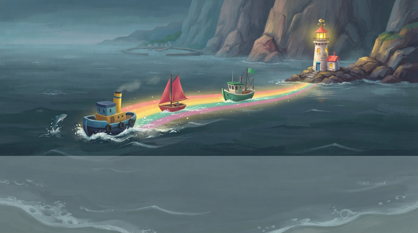 The blue tug, red-sailed boat, and green fishing boat follow Pearl’s rainbow beam through fog.