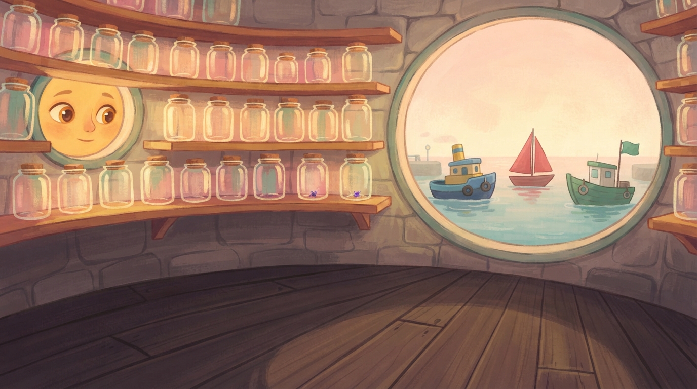 Pearl looks at her empty glass jars while the boats rest safely outside at dawn.