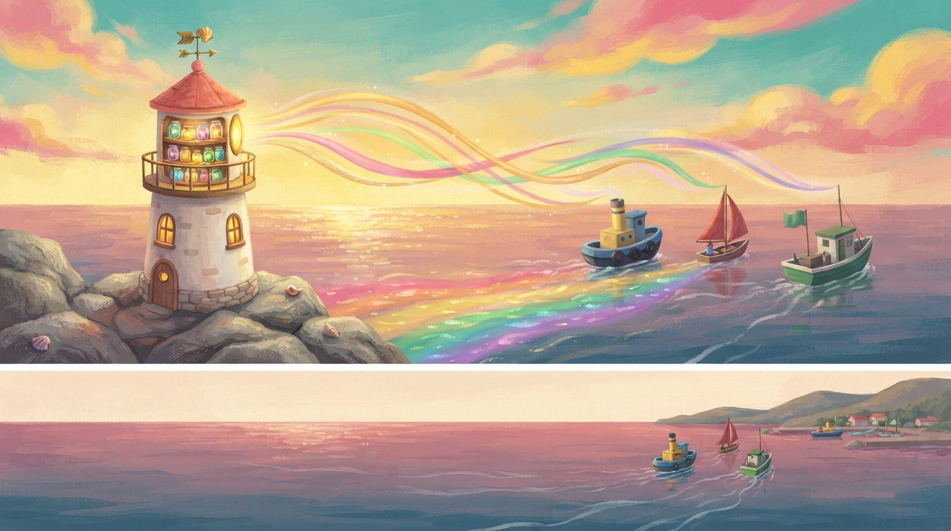 At sunrise, bright colors fly from the grateful boats back to Pearl’s lantern room.