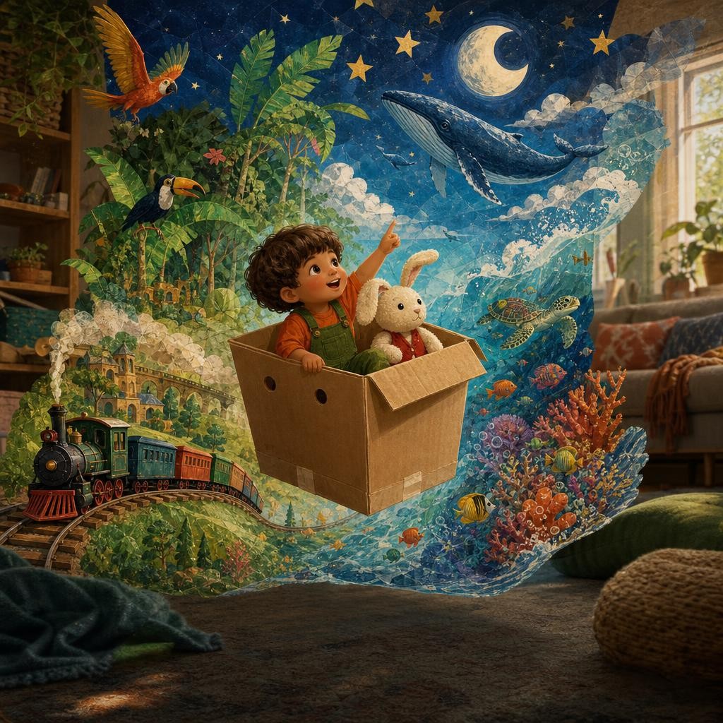 Rowan and Bun ride one cardboard box through a train world, ocean, rainforest, and moonlit sky.