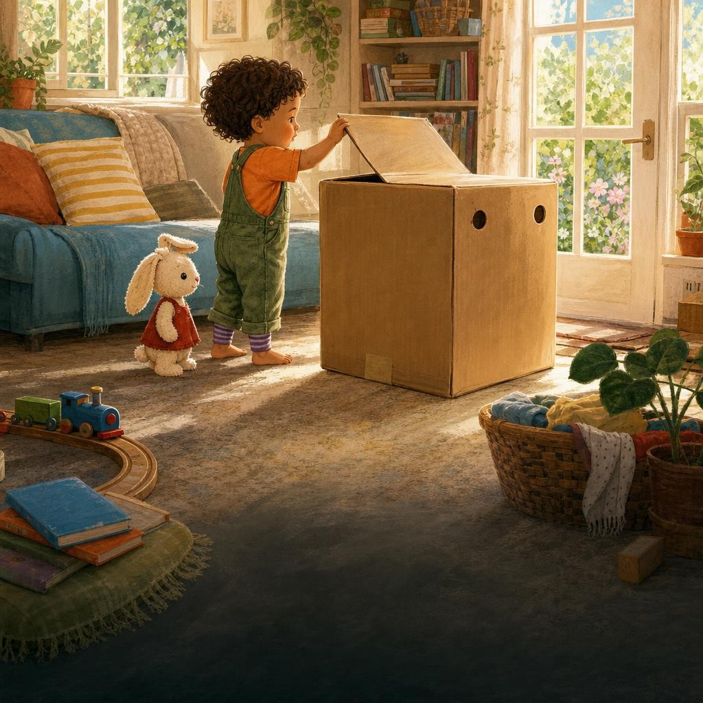 Rowan and Bun discover a large empty cardboard box by the door.