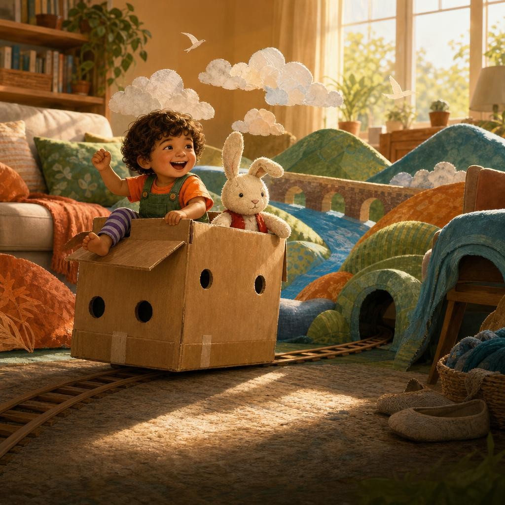Rowan and Bun pretend the cardboard box is a train crossing the living-room rug.