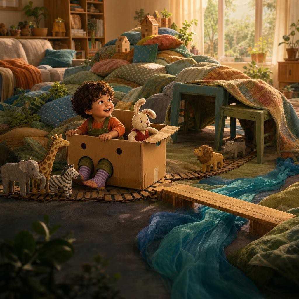 The box-train carries Rowan and Bun through cushion hills and a chair tunnel.