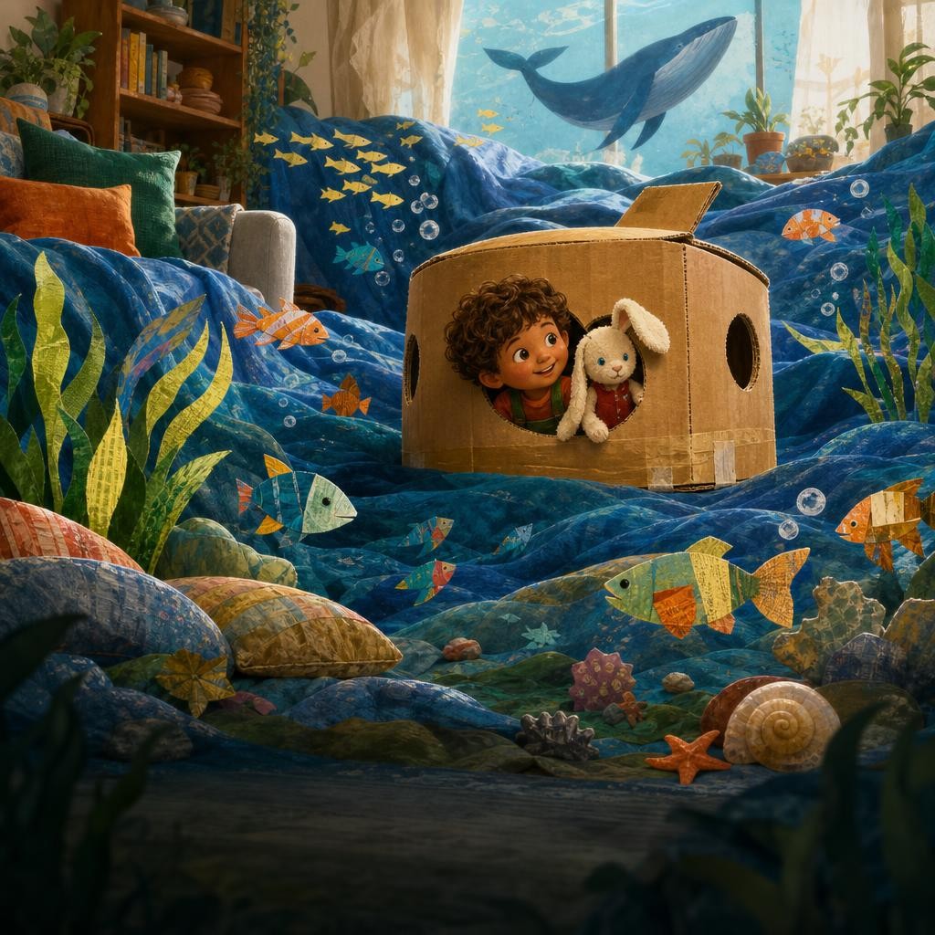 Rowan and Bun pretend their box is a submarine diving beneath blue blanket waves.