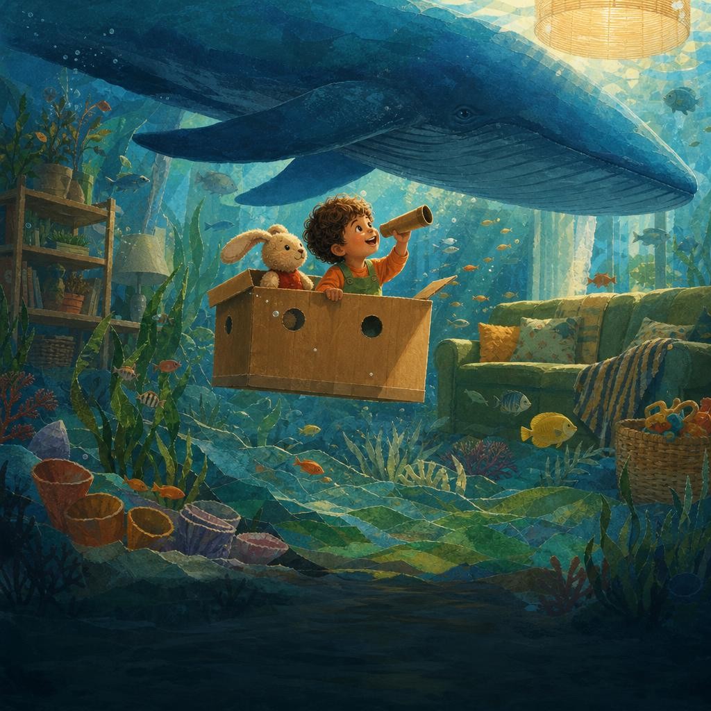 A huge gentle whale swims above Rowan and Bun’s pretend submarine.