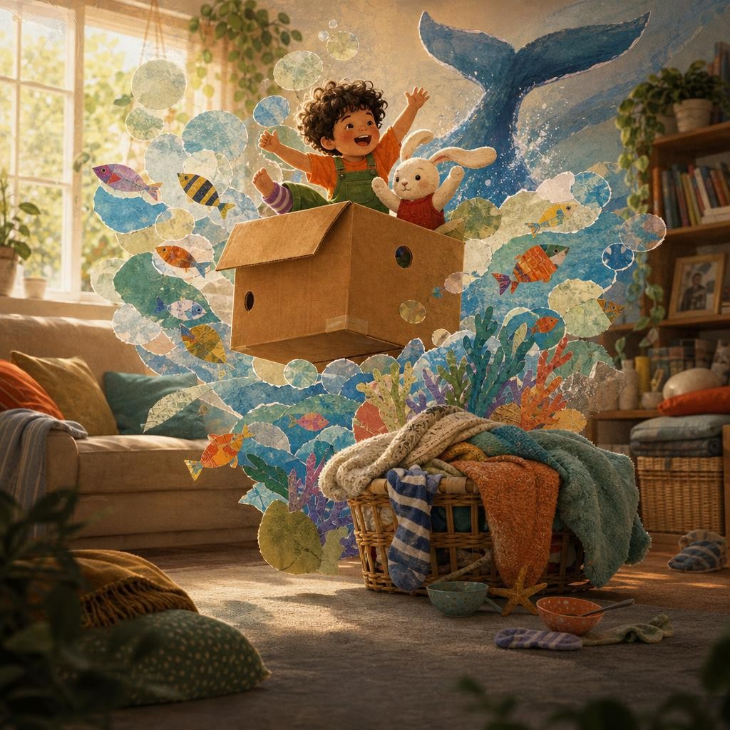 Rowan and Bun surface beside a laundry-basket island in their box submarine.