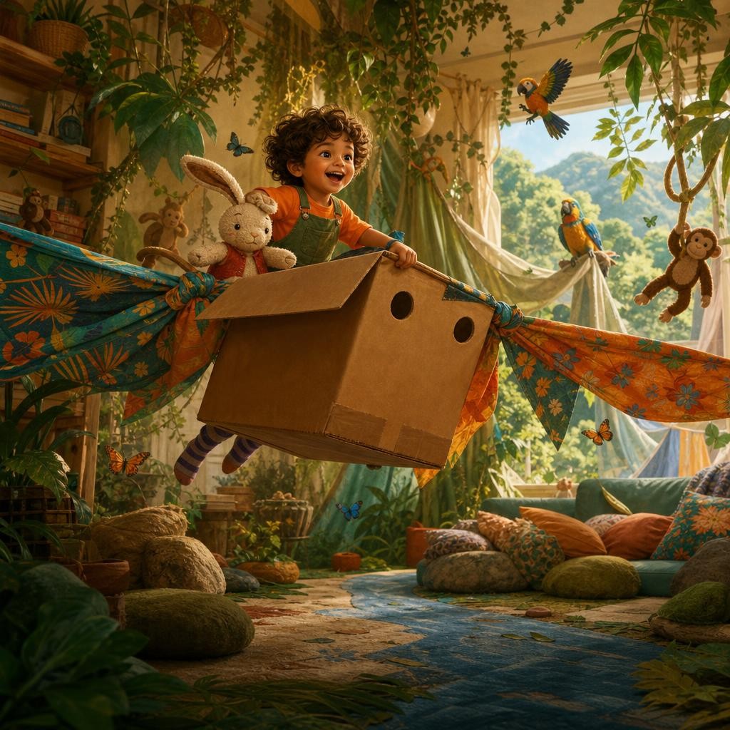Rowan and Bun pretend the winged cardboard box is flying through a rainforest.