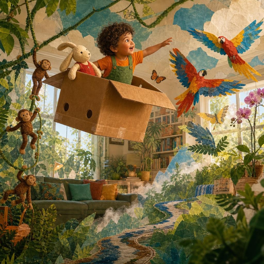 Bright parrots and toy monkeys surround Rowan and Bun’s pretend box airship.