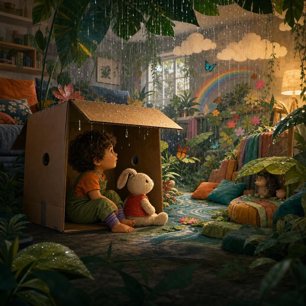 Gentle rain makes the broad pretend rainforest shine around the box airship.