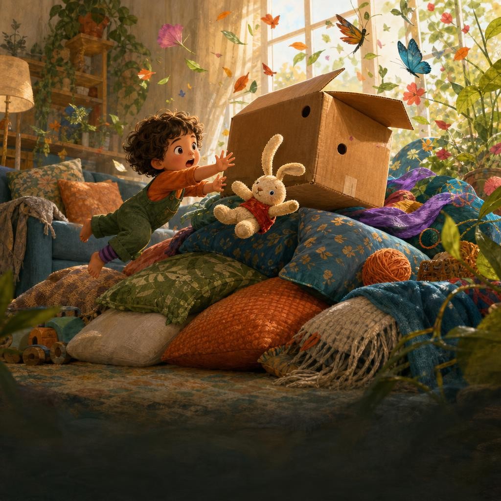 The box airship lands softly on sofa pillows as Bun rolls out.