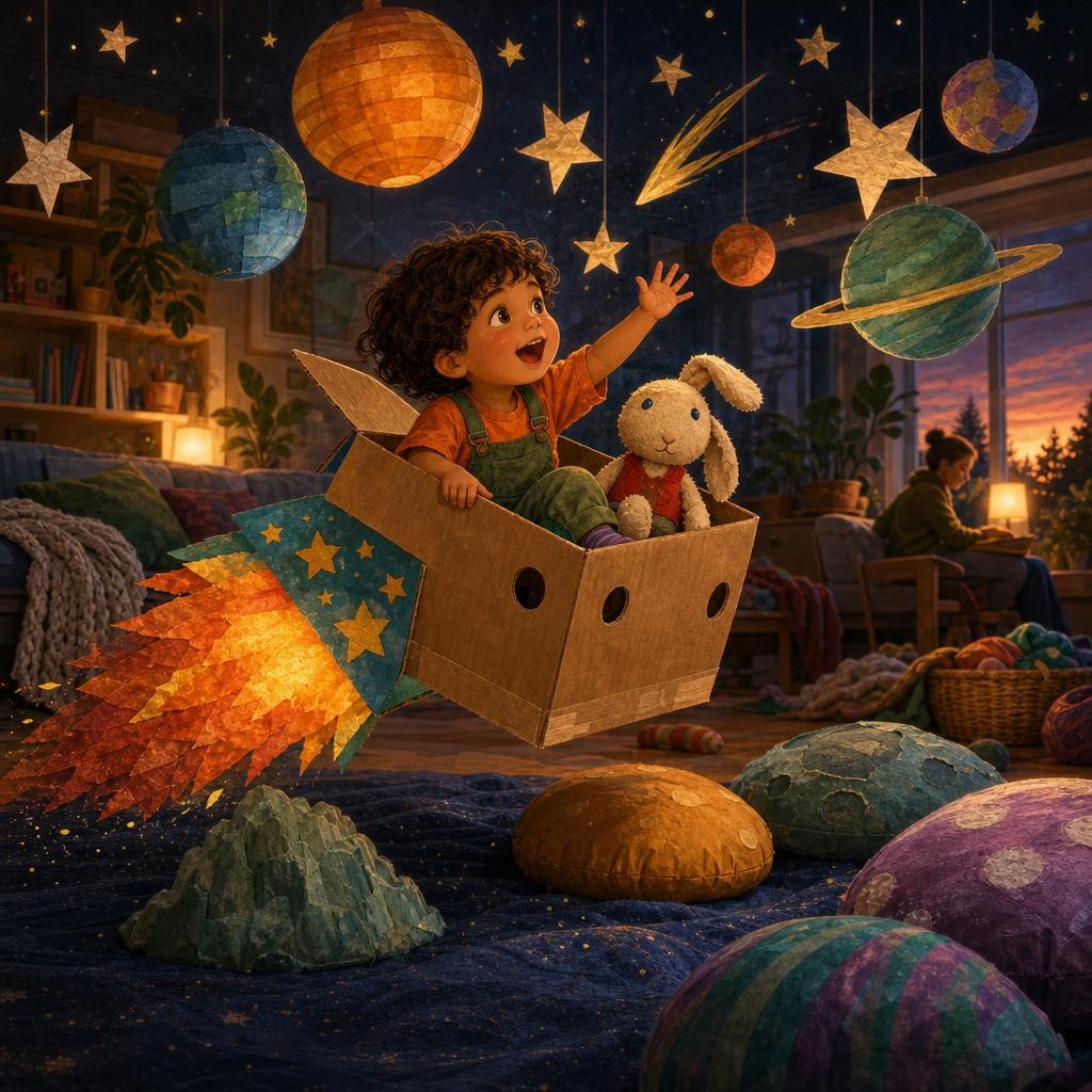 Rowan and Bun pretend their cardboard box is a rocket beneath paper stars.