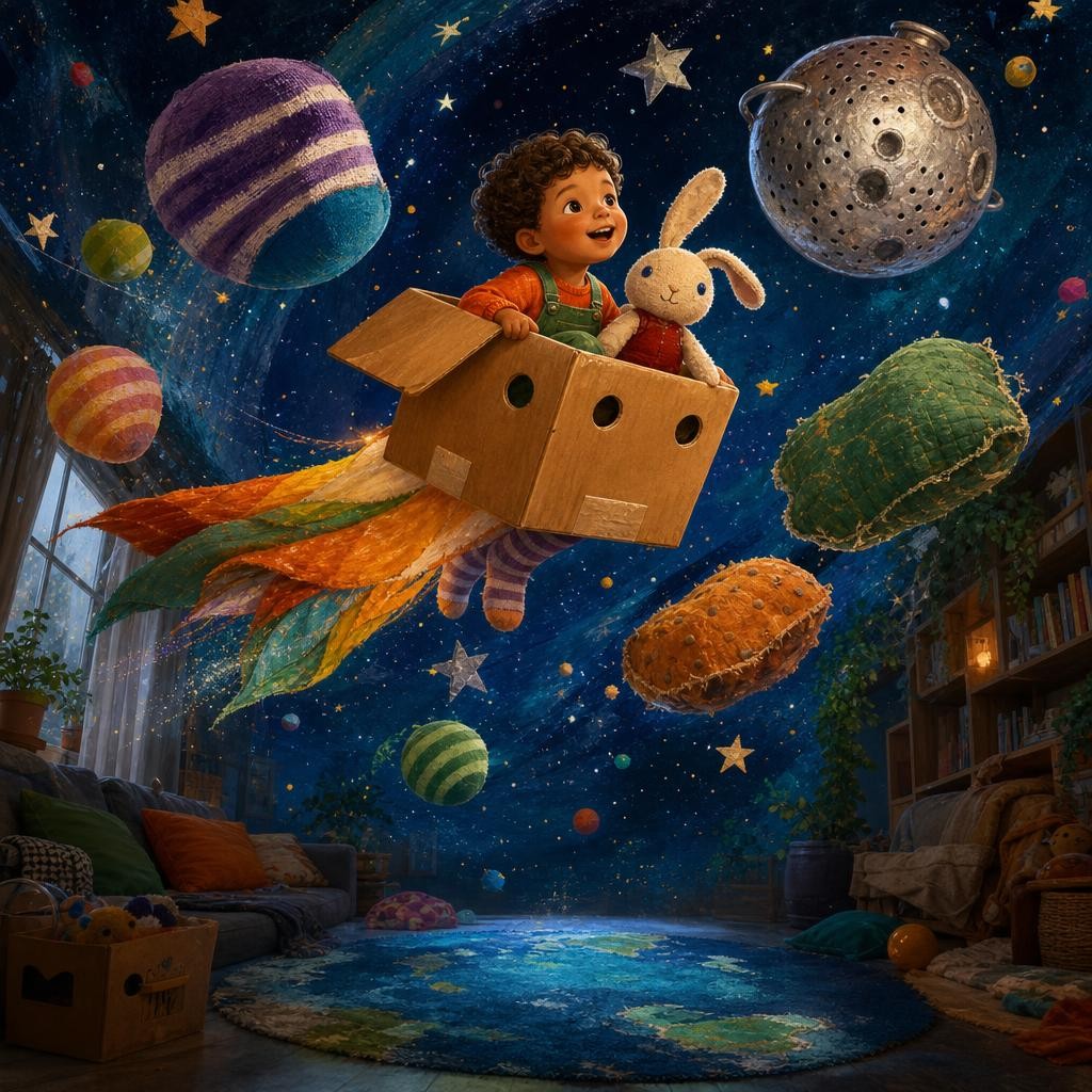 The pretend box rocket passes sock planets, a colander moon, and a scarf comet.