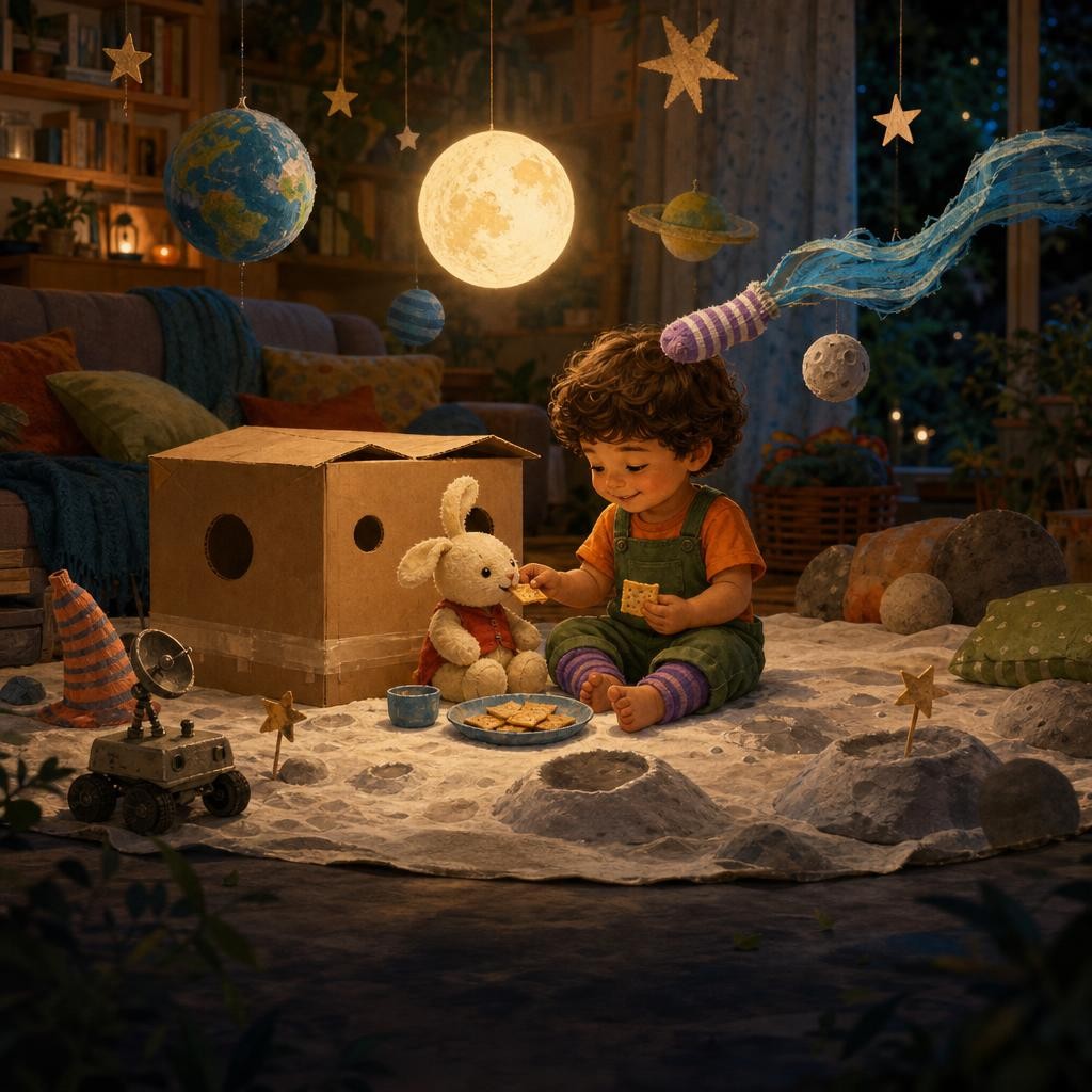 Rowan and Bun share a pretend moon picnic beside their cardboard box.