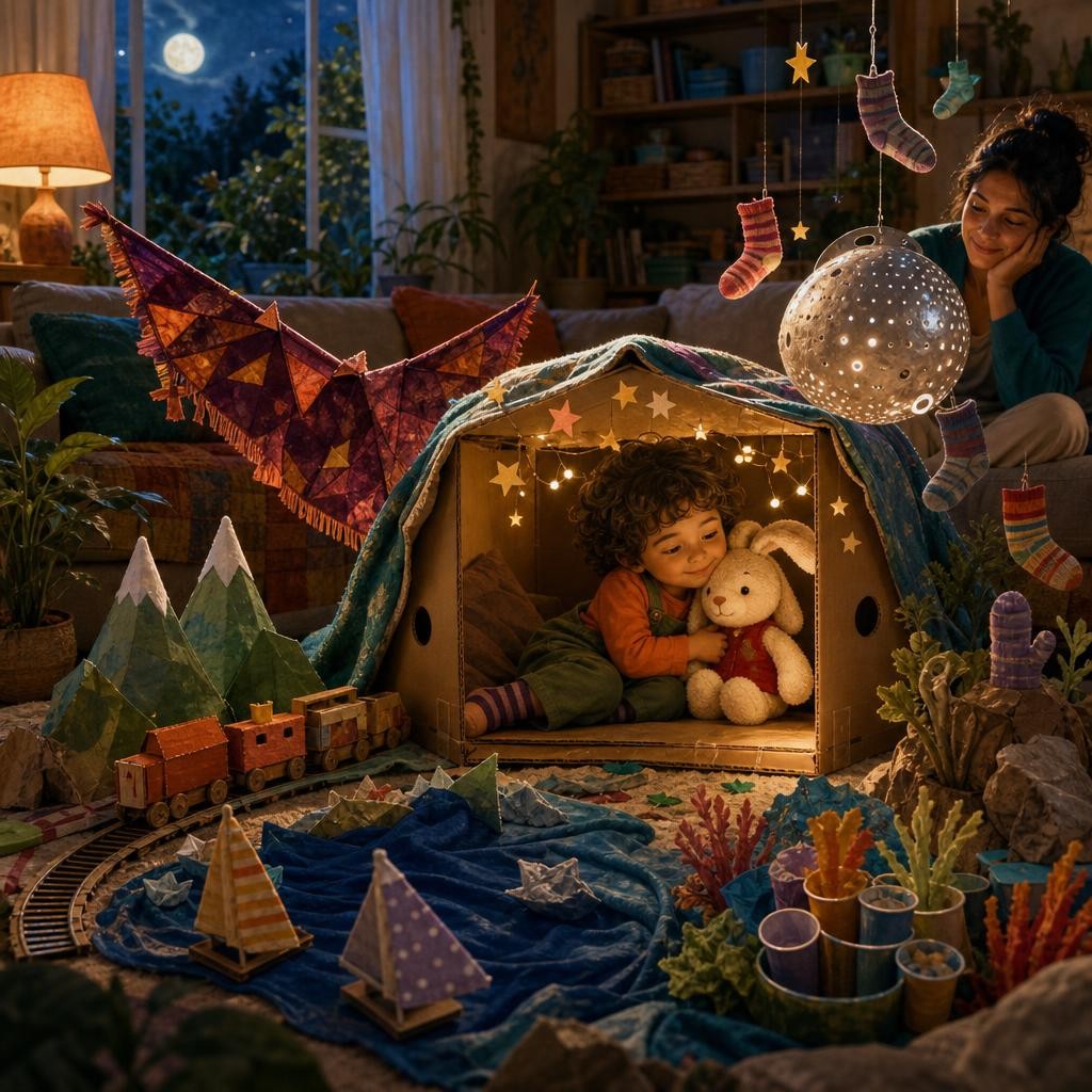 Rowan and Bun rest in a cozy box den surrounded by props from every adventure.