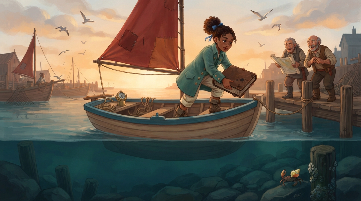 Ilo loads her blank atlas onto her small red-sailed boat while mapmakers laugh on the harbor pier.