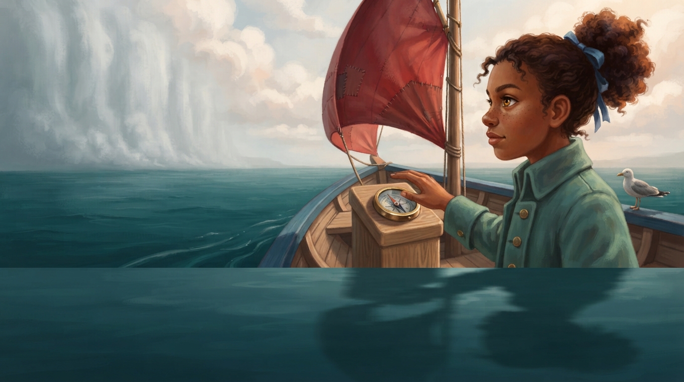 Ilo watches a trembling brass compass as her boat heads toward a wall of fog.