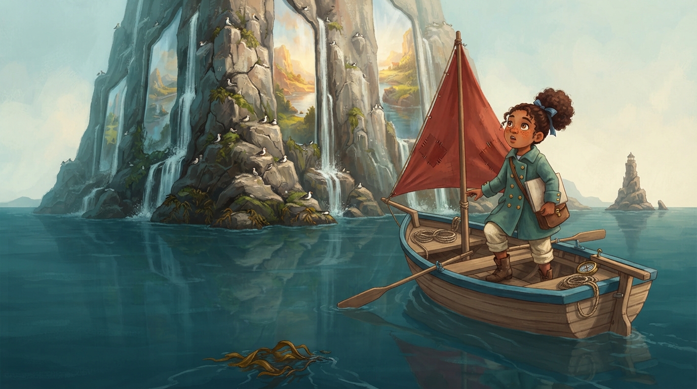 A colossal shining island rises from the sea while Ilo’s small boat floats below it.
