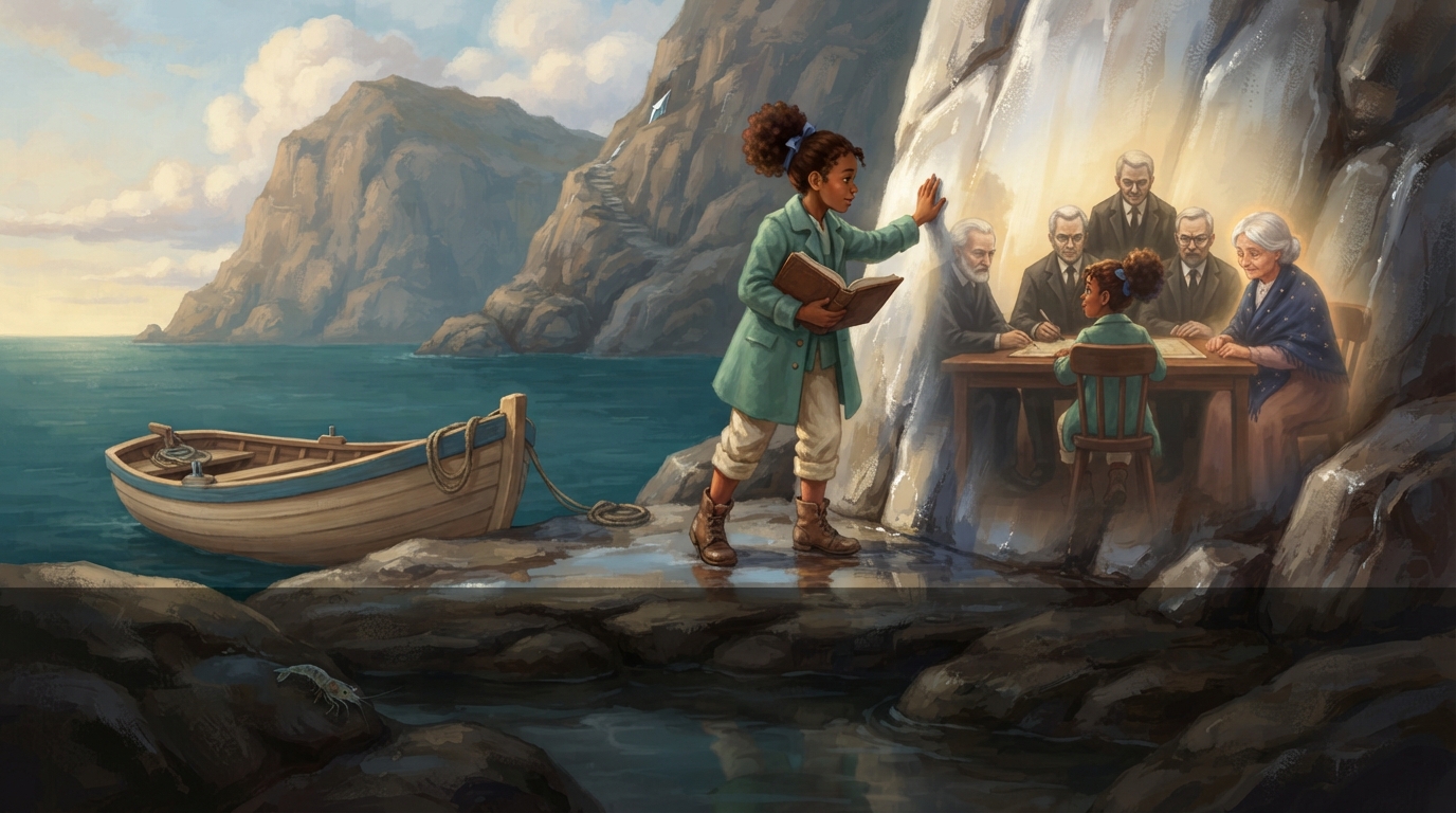 Ilo touches a shining cliff that reflects her younger self defending her grandmother’s maps.