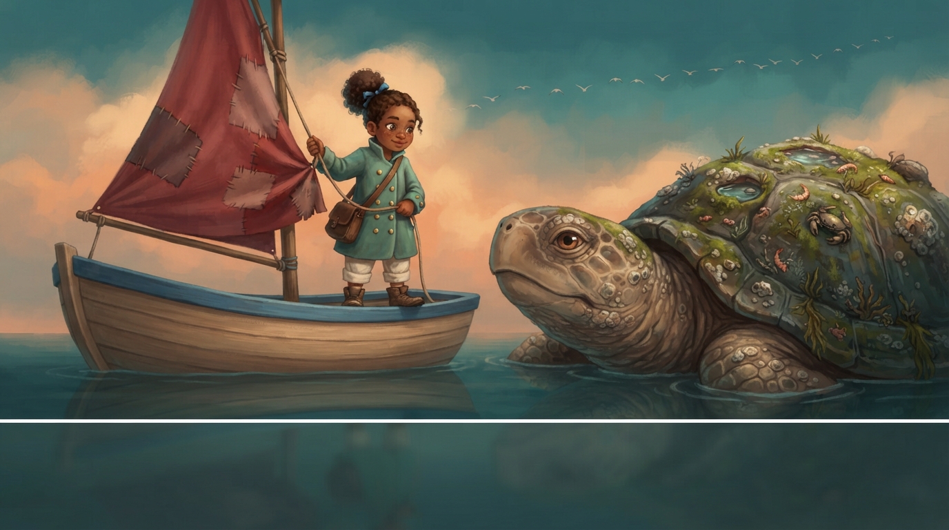 Ilo lowers Brisk’s sail as an enormous sea turtle opens one calm eye beside her.