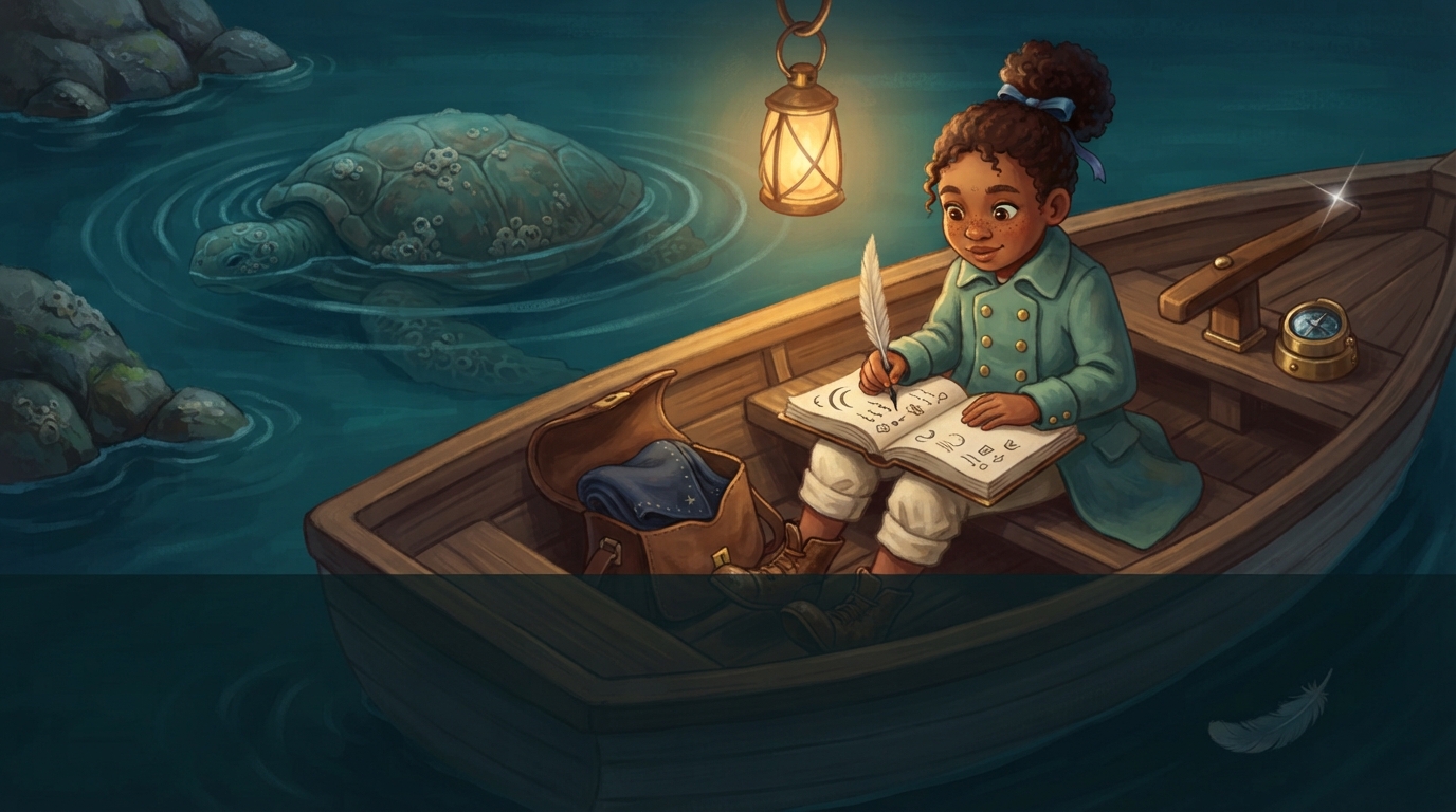 By lantern light, Ilo draws the turtle’s breathing rhythm while its huge shell sinks under moonlit water.