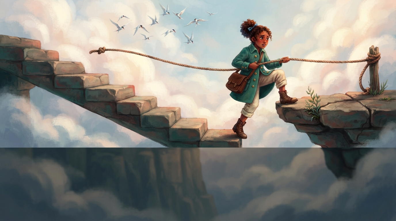 Ilo uses a rope to pull herself across a broken gap in the high stone stairway.