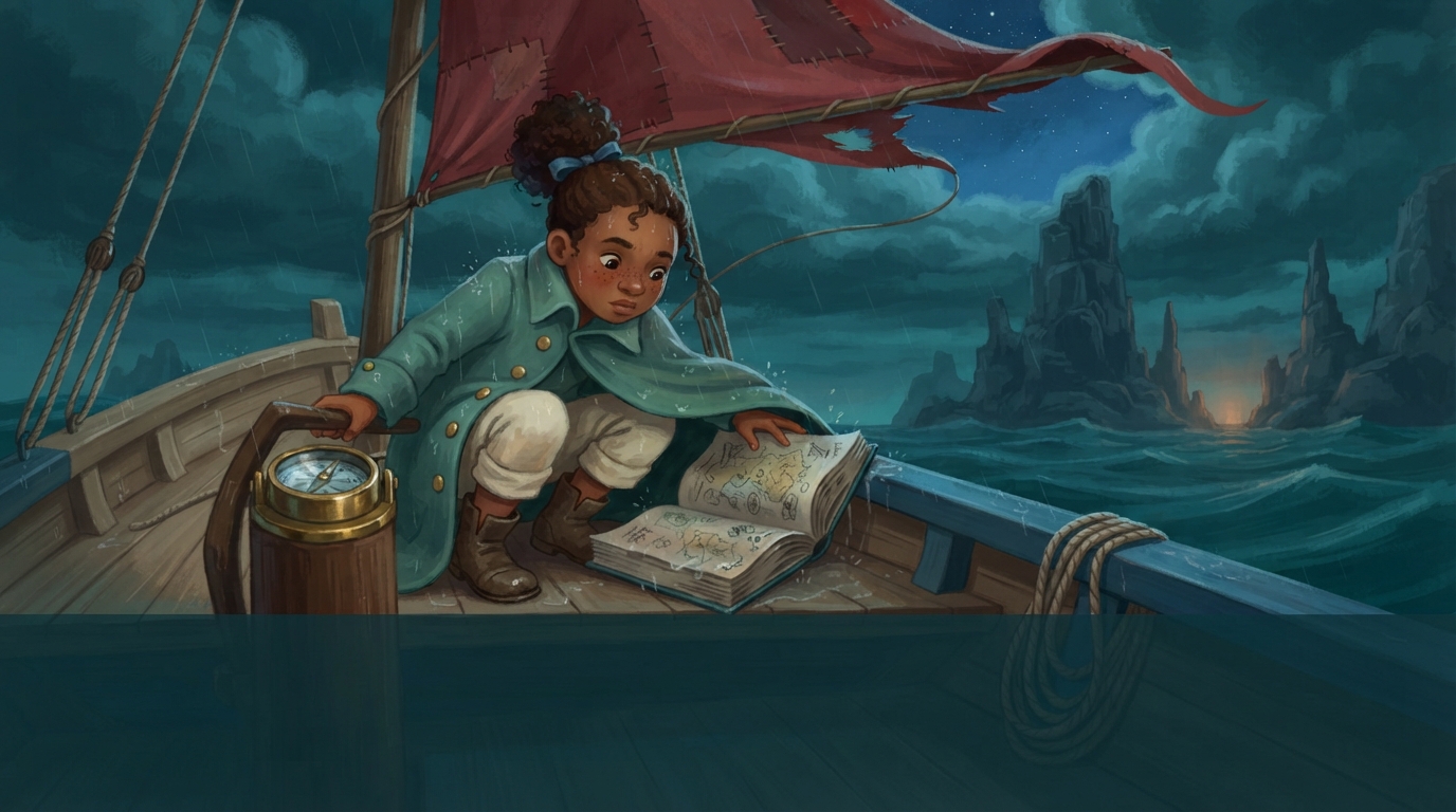 Ilo protects her wet atlas under her coat as Brisk sails through a rainy squall.